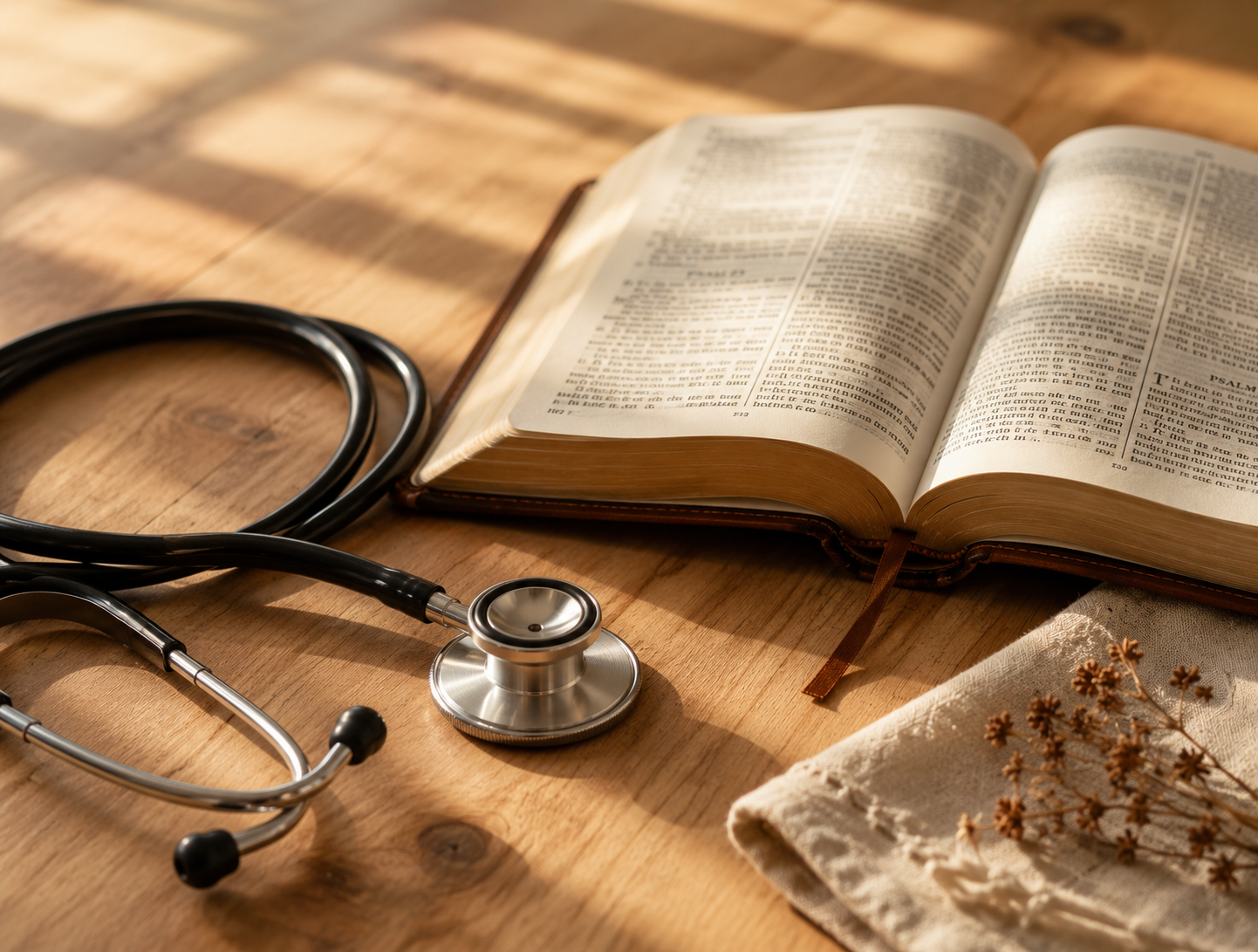 Open Bible with a stethoscope on a wooden table